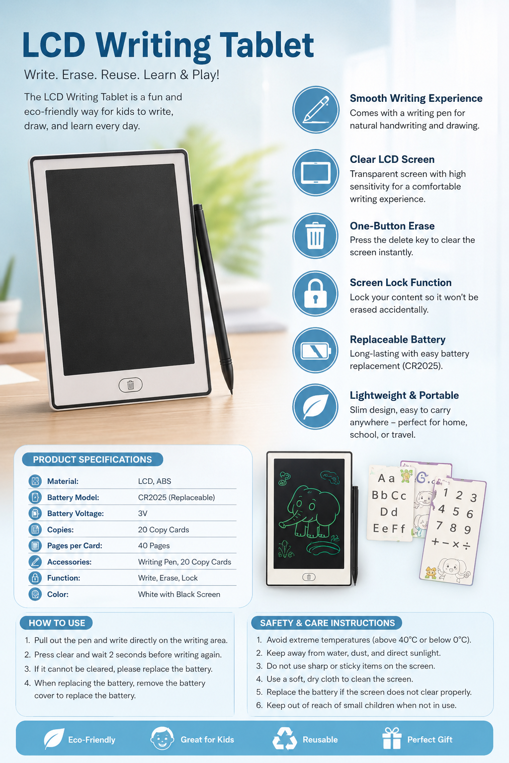 8.5” LCD Writing & Tracing Tablet for Kids – Reusable Learning Board with 20 Copy Cards